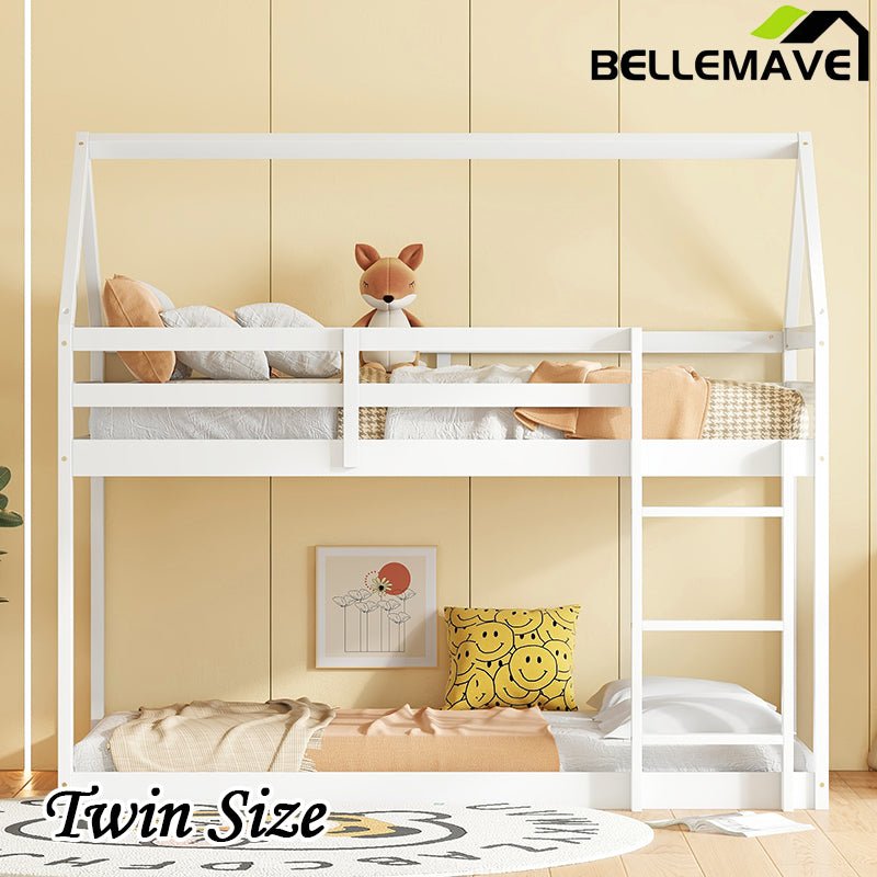 Bellemave® Twin Size Rubber Wood Floor House Bunk Bed with ladder,Guardrails - Bellemave
