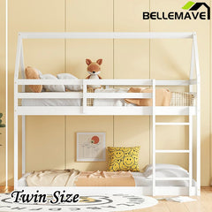 Bellemave® Twin Size Rubber Wood Floor House Bunk Bed with ladder,Guardrails - Bellemave