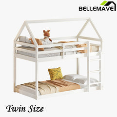 Bellemave® Twin Size Rubber Wood Floor House Bunk Bed with ladder,Guardrails - Bellemave