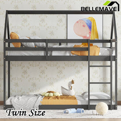 Bellemave® Twin Size Rubber Wood Floor House Bunk Bed with ladder,Guardrails - Bellemave