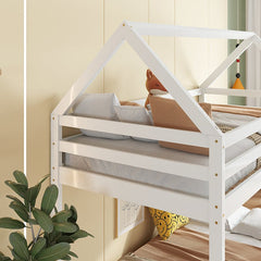 Bellemave® Twin Size Rubber Wood Floor House Bunk Bed with ladder,Guardrails - Bellemave