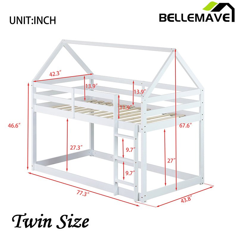 Bellemave® Twin Size Rubber Wood Floor House Bunk Bed with ladder,Guardrails - Bellemave