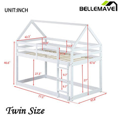 Bellemave® Twin Size Rubber Wood Floor House Bunk Bed with ladder,Guardrails - Bellemave