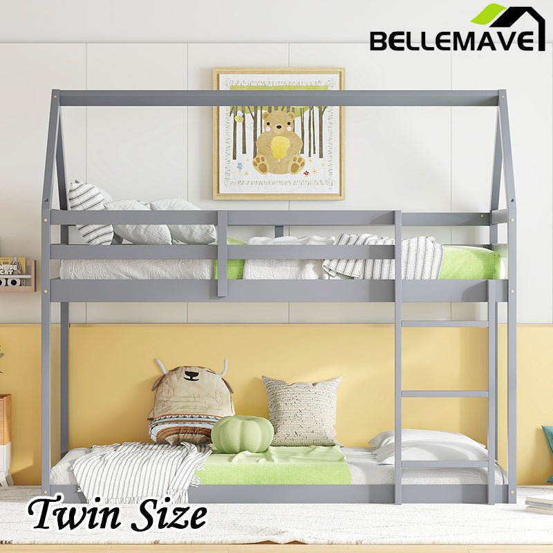 Bellemave® Twin Size Rubber Wood Floor House Bunk Bed with ladder,Guardrails - Bellemave