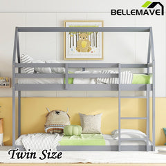 Bellemave® Twin Size Rubber Wood Floor House Bunk Bed with ladder,Guardrails - Bellemave