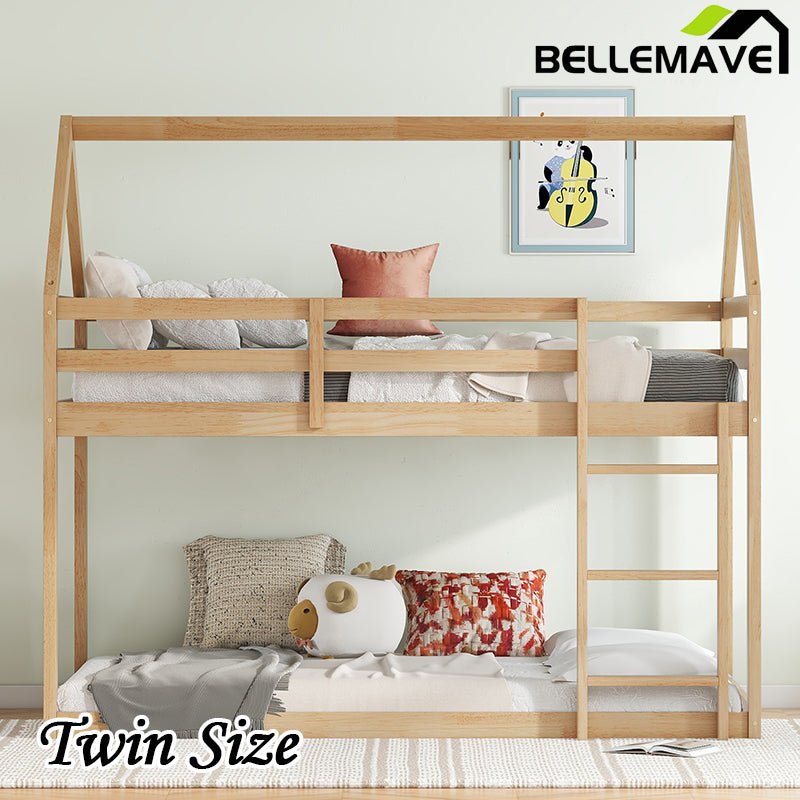 Bellemave® Twin Size Rubber Wood Floor House Bunk Bed with ladder,Guardrails - Bellemave