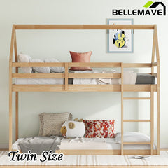 Bellemave® Twin Size Rubber Wood Floor House Bunk Bed with ladder,Guardrails - Bellemave