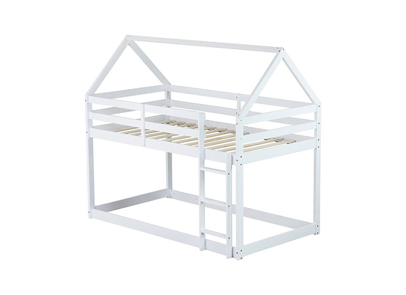Bellemave® Twin Size Rubber Wood Floor House Bunk Bed with ladder,Guardrails - Bellemave