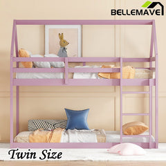 Bellemave® Twin Size Rubber Wood Floor House Bunk Bed with ladder,Guardrails - Bellemave