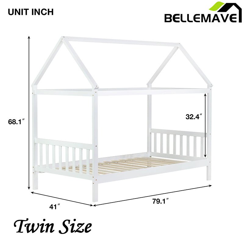 Bellemave® Twin Size Rubber Wood House Bed with Headboard and Footboard - Bellemave