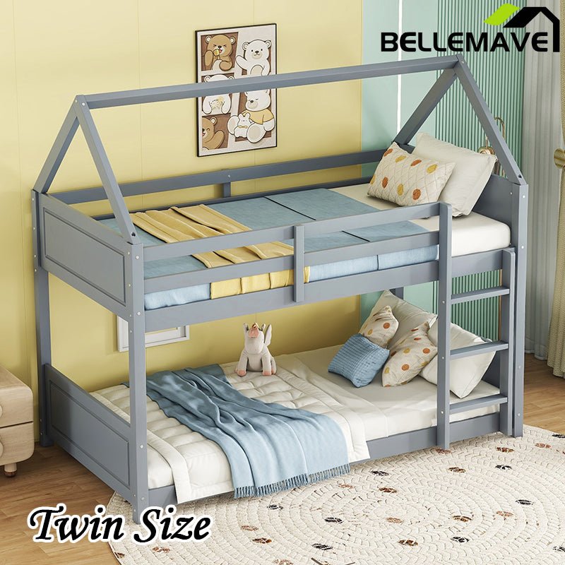 Bellemave® Twin Size Rubber Wood House Floor Bunk Bed with Headboards, Footboards and Guardrails, Ladder - Bellemave