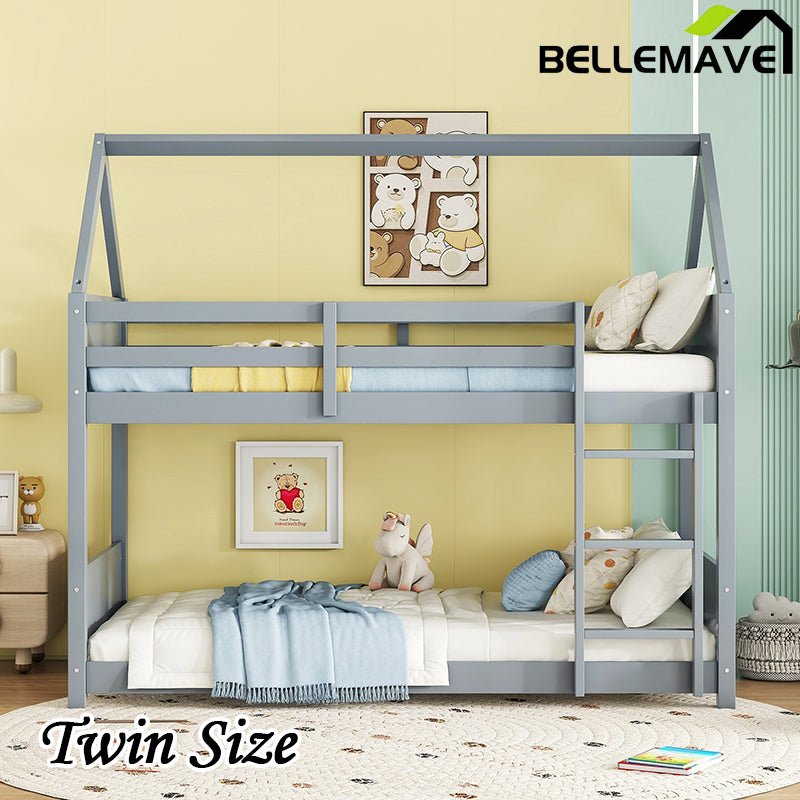 Bellemave® Twin Size Rubber Wood House Floor Bunk Bed with Headboards, Footboards and Guardrails, Ladder - Bellemave
