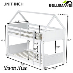 Bellemave® Twin Size Rubber Wood House Floor Bunk Bed with Headboards, Footboards and Guardrails, Ladder - Bellemave