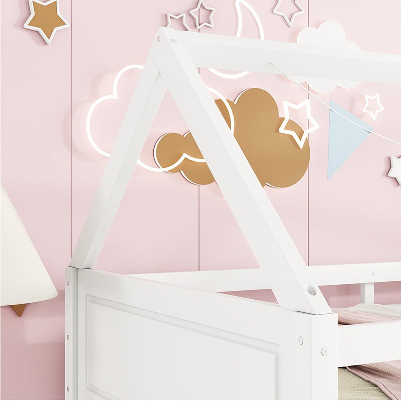 Bellemave® Twin Size Rubber Wood House Floor Bunk Bed with Headboards, Footboards and Guardrails, Ladder - Bellemave