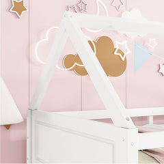 Bellemave® Twin Size Rubber Wood House Floor Bunk Bed with Headboards, Footboards and Guardrails, Ladder - Bellemave