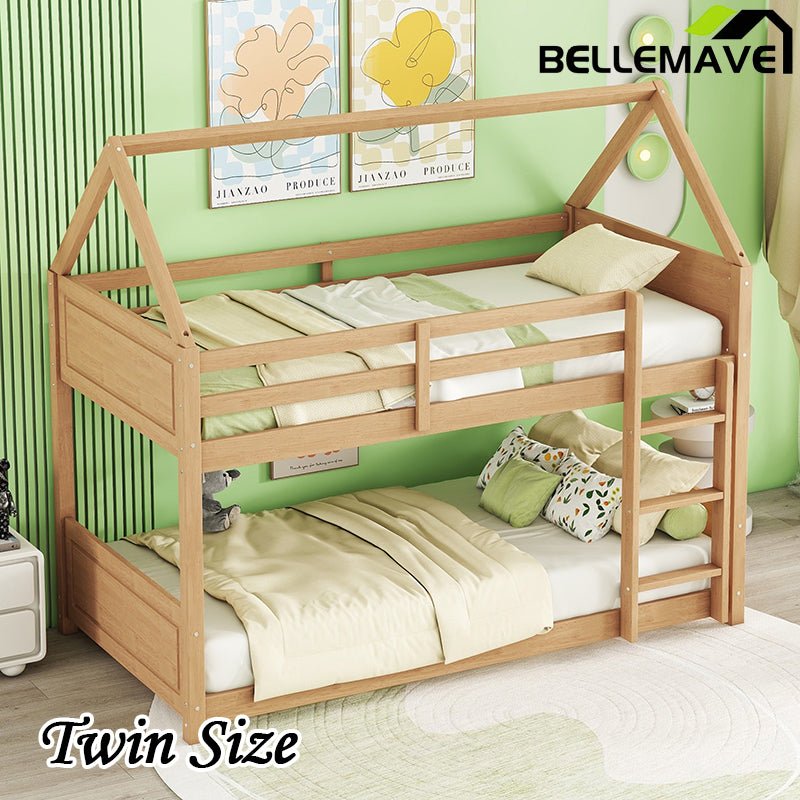 Bellemave® Twin Size Rubber Wood House Floor Bunk Bed with Headboards, Footboards and Guardrails, Ladder - Bellemave