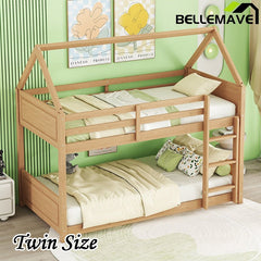 Bellemave® Twin Size Rubber Wood House Floor Bunk Bed with Headboards, Footboards and Guardrails, Ladder - Bellemave