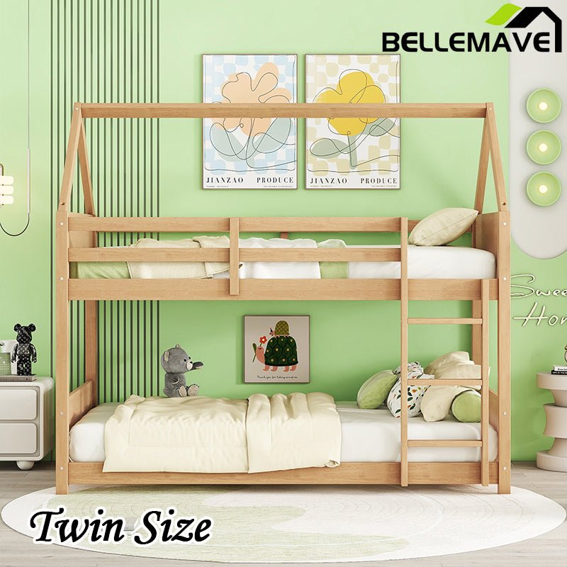 Bellemave® Twin Size Rubber Wood House Floor Bunk Bed with Headboards, Footboards and Guardrails, Ladder - Bellemave