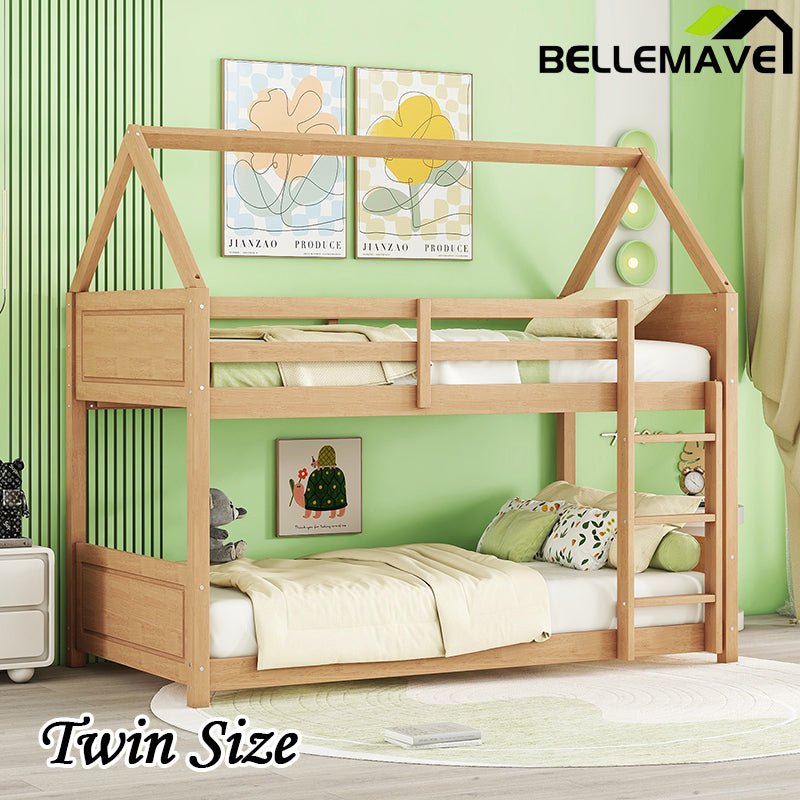 Bellemave® Twin Size Rubber Wood House Floor Bunk Bed with Headboards, Footboards and Guardrails, Ladder - Bellemave
