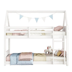 Bellemave® Twin Size Rubber Wood House Floor Bunk Bed with Headboards, Footboards and Guardrails, Ladder - Bellemave