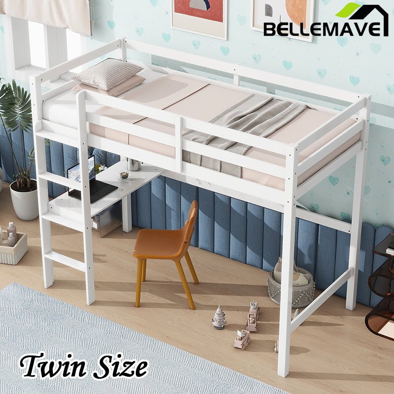 Bellemave® Twin Size Rubber Wood Loft Bed with Safety Guardrail, Built - in Desk, Ladder - Bellemave