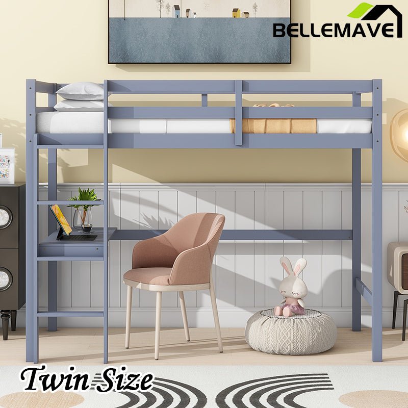 Bellemave® Twin Size Rubber Wood Loft Bed with Safety Guardrail, Built - in Desk, Ladder - Bellemave