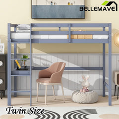 Bellemave® Twin Size Rubber Wood Loft Bed with Safety Guardrail, Built - in Desk, Ladder - Bellemave