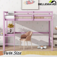Bellemave® Twin Size Rubber Wood Loft Bed with Safety Guardrail, Built - in Desk, Ladder - Bellemave
