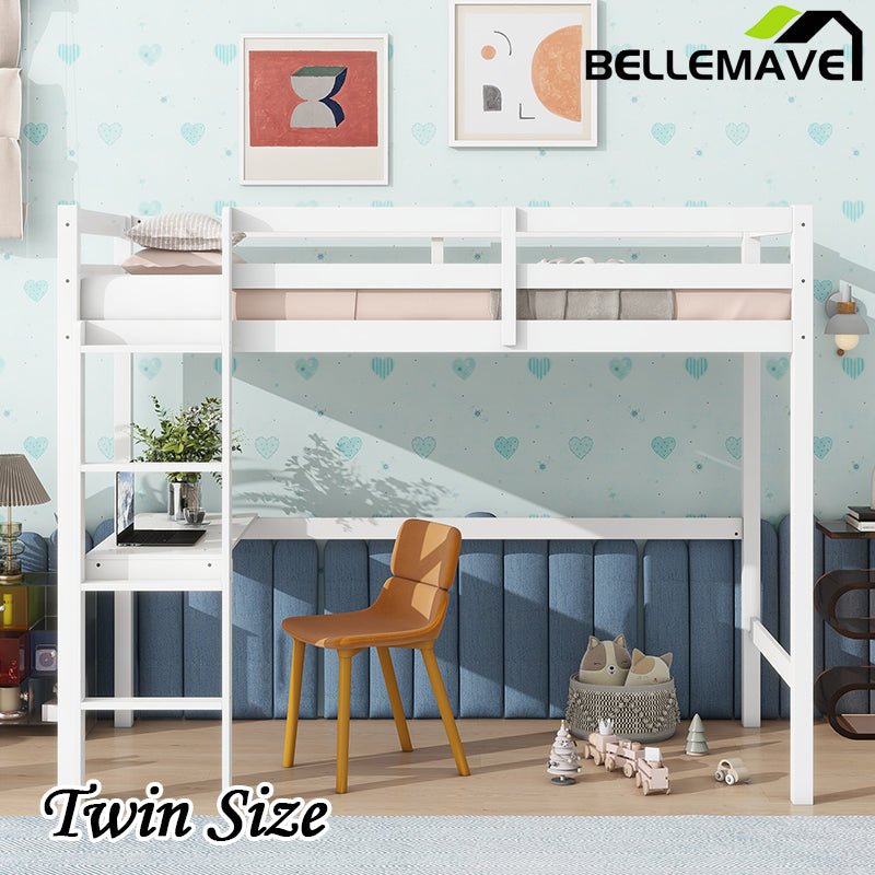 Bellemave® Twin Size Rubber Wood Loft Bed with Safety Guardrail, Built - in Desk, Ladder - Bellemave