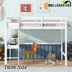 Bellemave® Twin Size Rubber Wood Loft Bed with Safety Guardrail, Built - in Desk, Ladder - Bellemave
