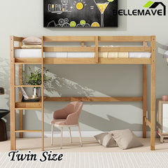 Bellemave® Twin Size Rubber Wood Loft Bed with Safety Guardrail, Built - in Desk, Ladder - Bellemave