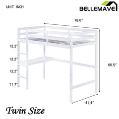 Bellemave® Twin Size Rubber Wood Loft Bed with Safety Guardrail, Built - in Desk, Ladder - Bellemave