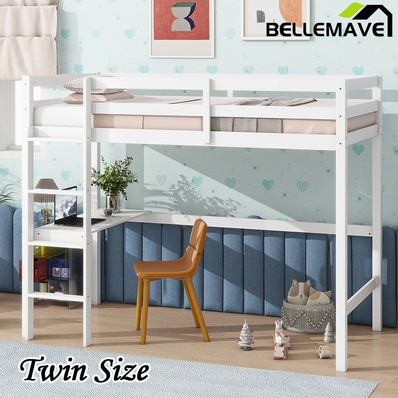 Bellemave® Twin Size Rubber Wood Loft Bed with Safety Guardrail, Built - in Desk, Ladder - Bellemave
