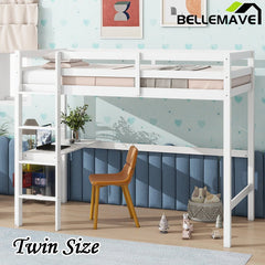 Bellemave® Twin Size Rubber Wood Loft Bed with Safety Guardrail, Built - in Desk, Ladder - Bellemave