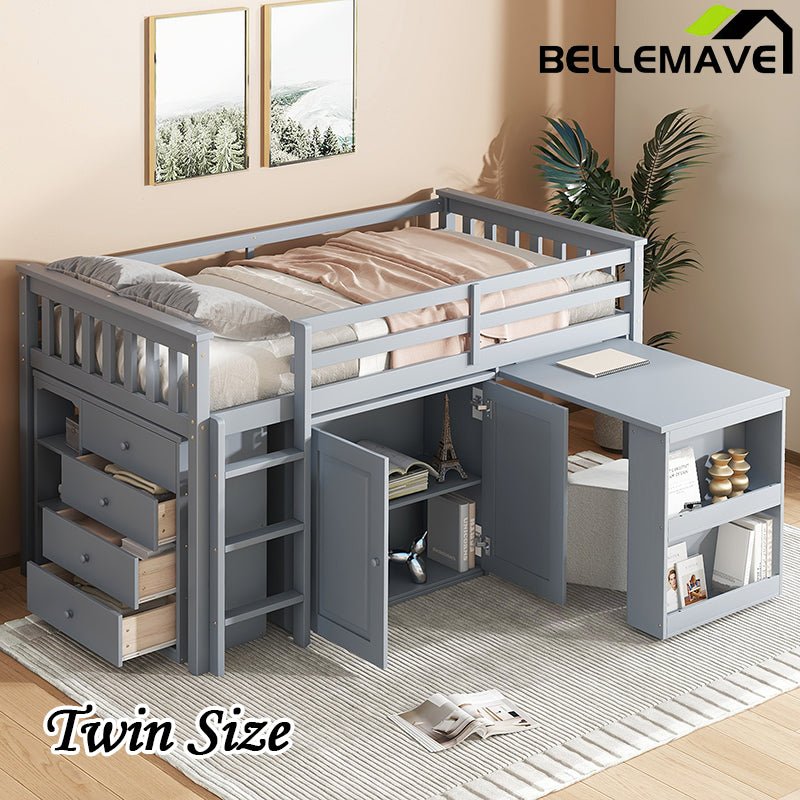 Bellemave® Twin Size Rubber Wood Loft Bed with Storage Cabinet, Drawer and Shelf Cabinet and Pulling - Out Desk, Safety Guardrail and Ladder - Bellemave