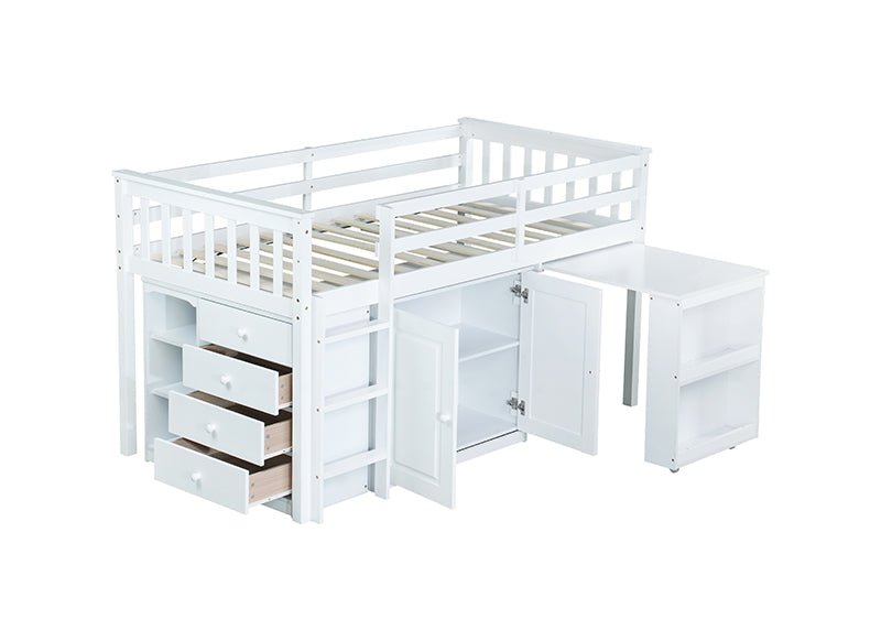 Bellemave® Twin Size Rubber Wood Loft Bed with Storage Cabinet, Drawer and Shelf Cabinet and Pulling - Out Desk, Safety Guardrail and Ladder - Bellemave