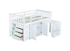 Bellemave® Twin Size Rubber Wood Loft Bed with Storage Cabinet, Drawer and Shelf Cabinet and Pulling - Out Desk, Safety Guardrail and Ladder - Bellemave
