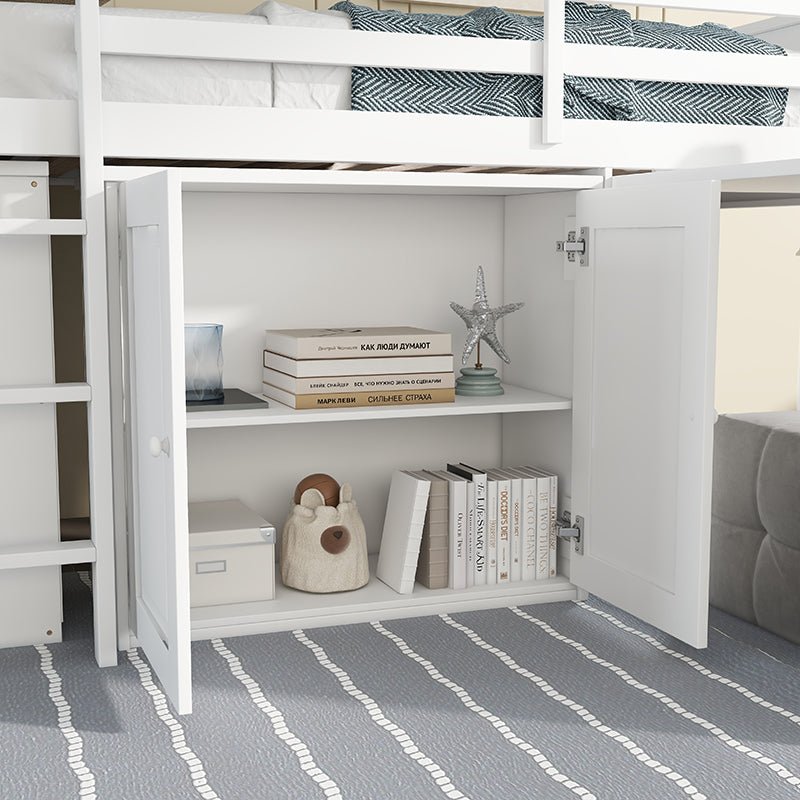 Bellemave® Twin Size Rubber Wood Loft Bed with Storage Cabinet, Drawer and Shelf Cabinet and Pulling - Out Desk, Safety Guardrail and Ladder - Bellemave