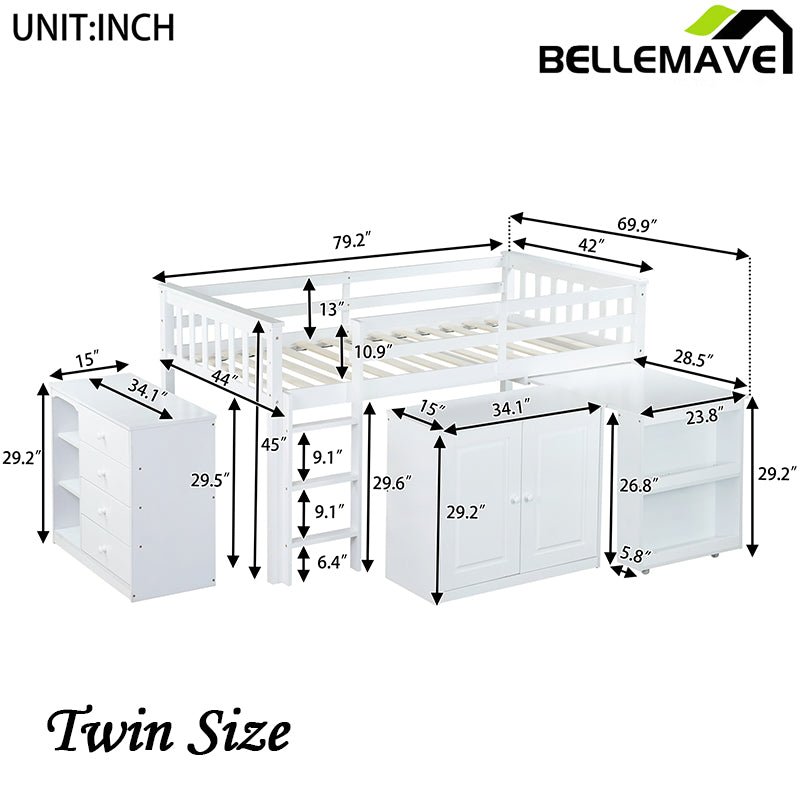 Bellemave® Twin Size Rubber Wood Loft Bed with Storage Cabinet, Drawer and Shelf Cabinet and Pulling - Out Desk, Safety Guardrail and Ladder - Bellemave