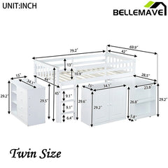 Bellemave® Twin Size Rubber Wood Loft Bed with Storage Cabinet, Drawer and Shelf Cabinet and Pulling - Out Desk, Safety Guardrail and Ladder - Bellemave