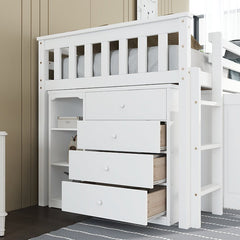 Bellemave® Twin Size Rubber Wood Loft Bed with Storage Cabinet, Drawer and Shelf Cabinet and Pulling - Out Desk, Safety Guardrail and Ladder - Bellemave