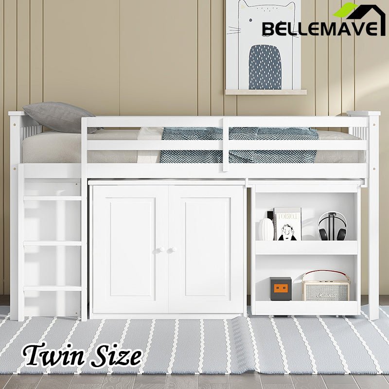 Bellemave® Twin Size Rubber Wood Loft Bed with Storage Cabinet, Drawer and Shelf Cabinet and Pulling - Out Desk, Safety Guardrail and Ladder - Bellemave
