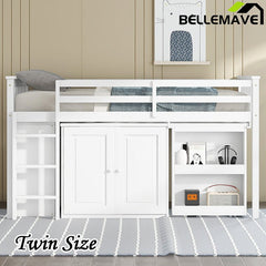 Bellemave® Twin Size Rubber Wood Loft Bed with Storage Cabinet, Drawer and Shelf Cabinet and Pulling - Out Desk, Safety Guardrail and Ladder - Bellemave