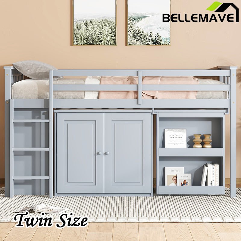 Bellemave® Twin Size Rubber Wood Loft Bed with Storage Cabinet, Drawer and Shelf Cabinet and Pulling - Out Desk, Safety Guardrail and Ladder - Bellemave