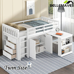 Bellemave® Twin Size Rubber Wood Loft Bed with Storage Cabinet, Drawer and Shelf Cabinet and Pulling - Out Desk, Safety Guardrail and Ladder - Bellemave