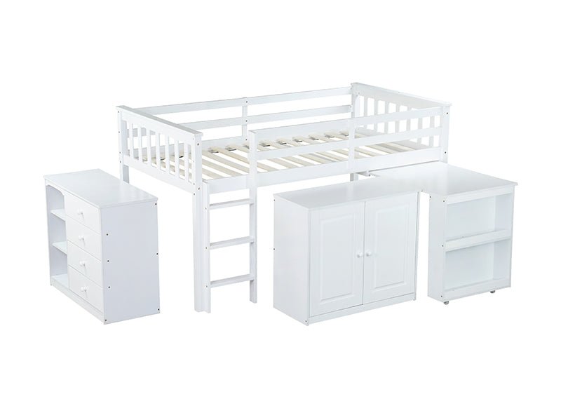 Bellemave® Twin Size Rubber Wood Loft Bed with Storage Cabinet, Drawer and Shelf Cabinet and Pulling - Out Desk, Safety Guardrail and Ladder - Bellemave