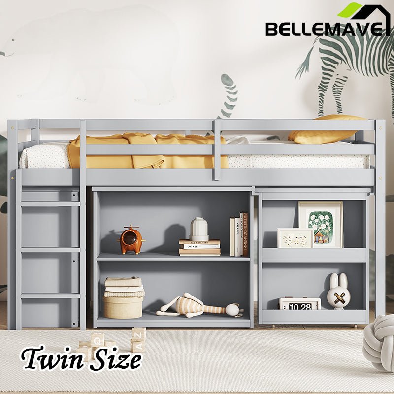 Bellemave® Twin Size Rubber Wood Loft Bed with Stroage Case, Drawer Cabinet, Shelf Cabinet, Pulling - Out Desk,Safety Guardrail, Ladder - Bellemave