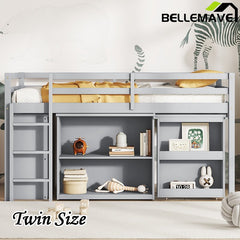 Bellemave® Twin Size Rubber Wood Loft Bed with Stroage Case, Drawer Cabinet, Shelf Cabinet, Pulling - Out Desk,Safety Guardrail, Ladder - Bellemave
