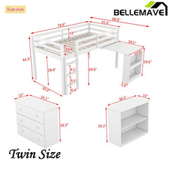 Bellemave® Twin Size Rubber Wood Loft Bed with Stroage Case, Drawer Cabinet, Shelf Cabinet, Pulling - Out Desk,Safety Guardrail, Ladder - Bellemave