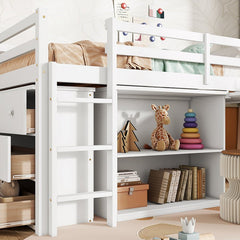 Bellemave® Twin Size Rubber Wood Loft Bed with Stroage Case, Drawer Cabinet, Shelf Cabinet, Pulling - Out Desk,Safety Guardrail, Ladder - Bellemave